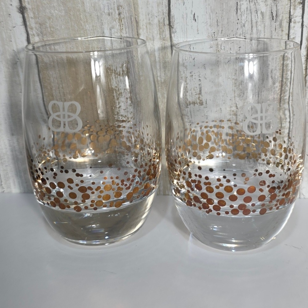BaubleBar Stemless Wine Glasses Set of 2 Gold Confetti Dot Monogram Logo Clear